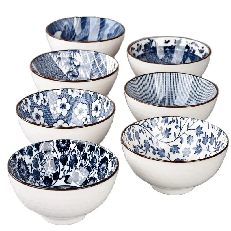 Jingdezhen-Blue and White Porcelain Rice Bowl, Single Household Small Ceramic Eating Bowl, Japanese-Style Tableware, 4.5 in