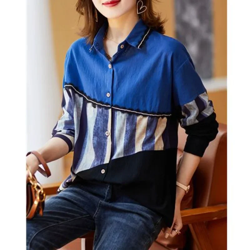 2023 New Spring and Autumn Polo Collar Hot Diamond Contrast Printing Loose Relaxed Oversize Simple Commuter Fashion Shirt