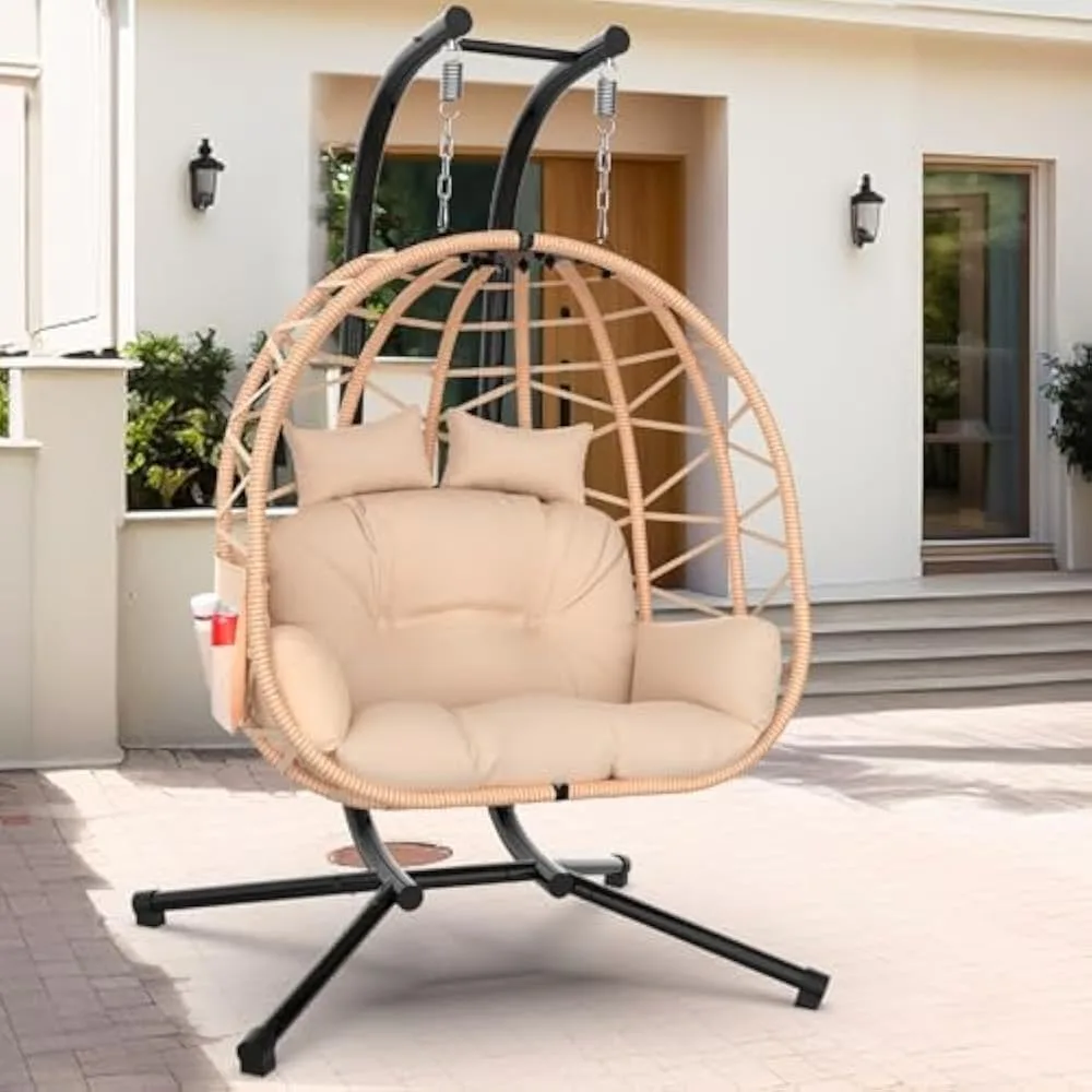 

Double Hanging Egg Chair with Stand, Rattan Wicker Swing 2 Person Egg Swing Chairs with UV Resistant Cushion and Pillow