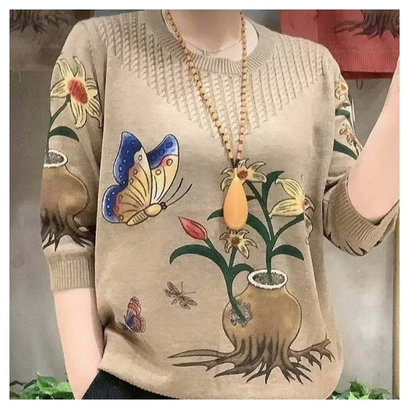 Suéteres estampados de malha com todos os fósforos, pulôveres com gola O, tops soltos, roupas casuais, nova moda, outono, 2023