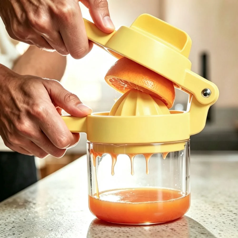 Hand-operated Rotary Manual Lemon Juicer with Juice Storage Cup V-shaped Guide Nozzle Orange Squeezer Labor Saving Plastic