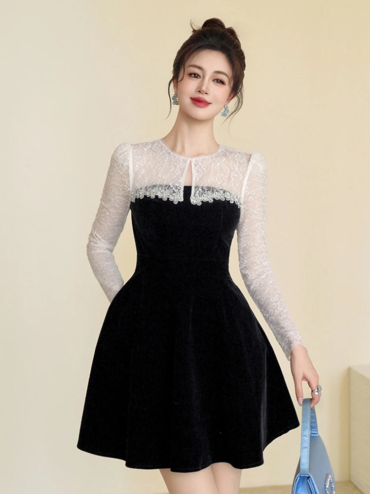 Elegant Black Velvet & White Lace Spliced Evening Party Dress Women's Cute Sexy Sheer Swing Ball Gown Lady Prom Vestidos Dating