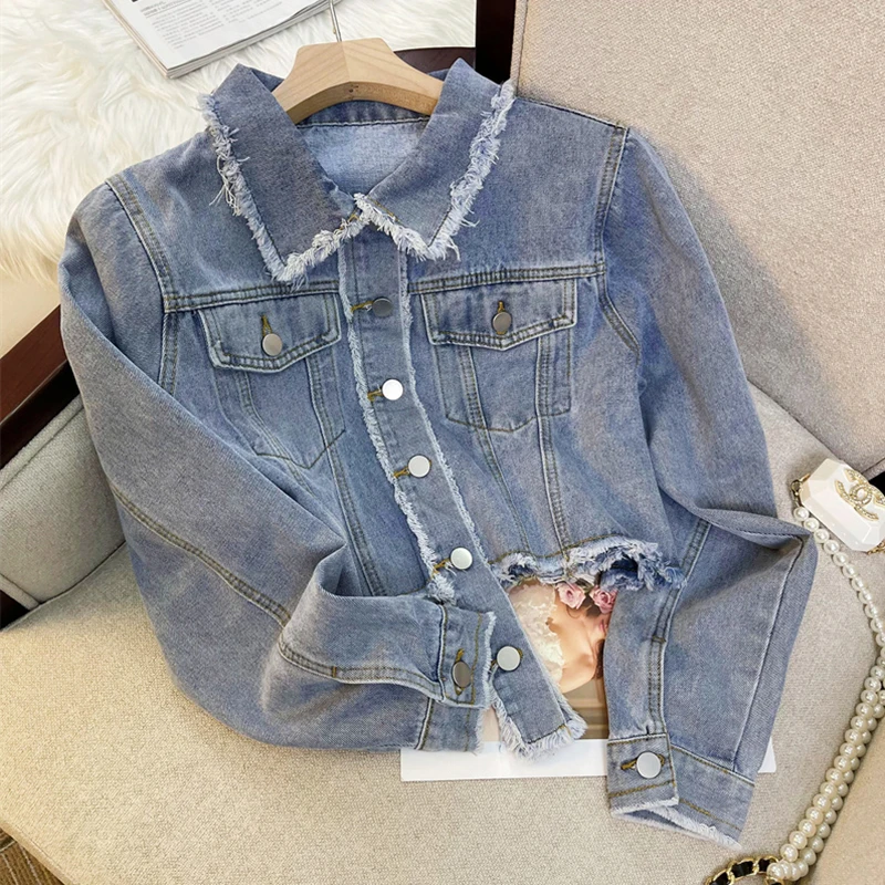 

New Long Sleeve Winter Slim Tassels Jeans Women Solid Denim Jacket Women 2022 Short Overcoat Ladies Jean Jackets Preppy Tops