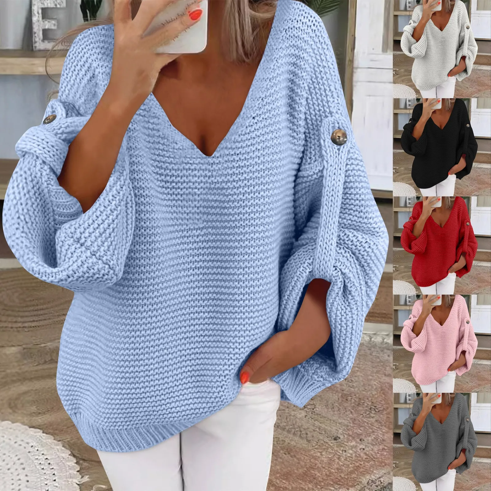 

Ladies' High Street Oversized Fashion Casual Pullover Long Sleeve Top Lazy Style Solid Color Comfy V-Neck Sweater