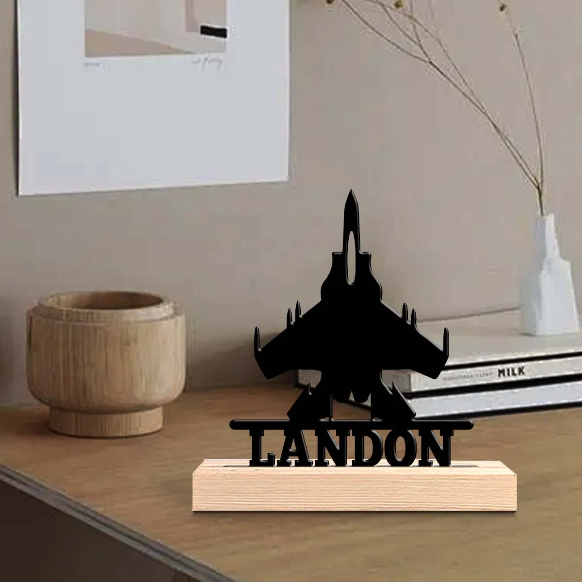 1pc Metal Desktop Decoration Customizable Content Equipped with A Wooden Base Housewarming Gift,Metal Ornament Decoration