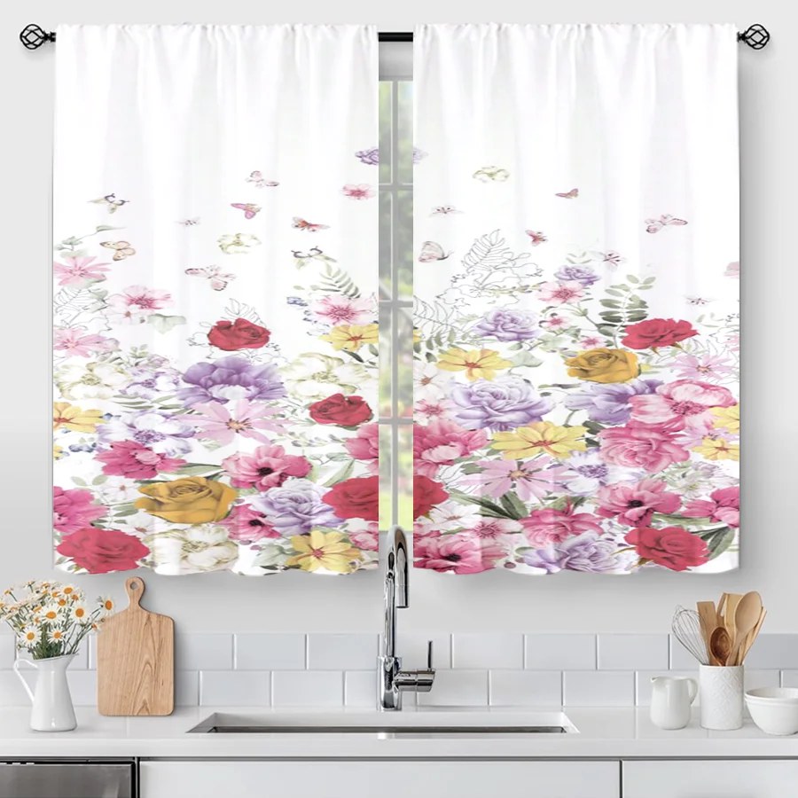 2PCS Colorful Floral Butterfly Print Curtains, Watercolor Rose Peony Flower White Window Drapes for Bedroom Living Room Decor