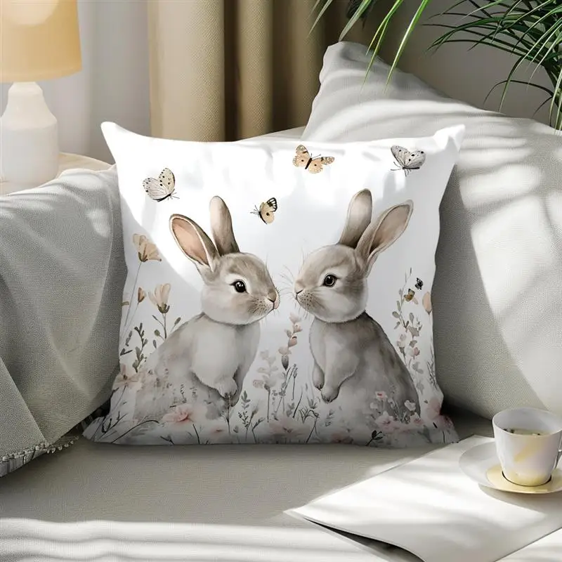 4pcs/Set Happy Easter Decoration Pillowcase Home Festive Flower Butterfly Rabbit Egg Print Living Room Sofa Cushion Cover