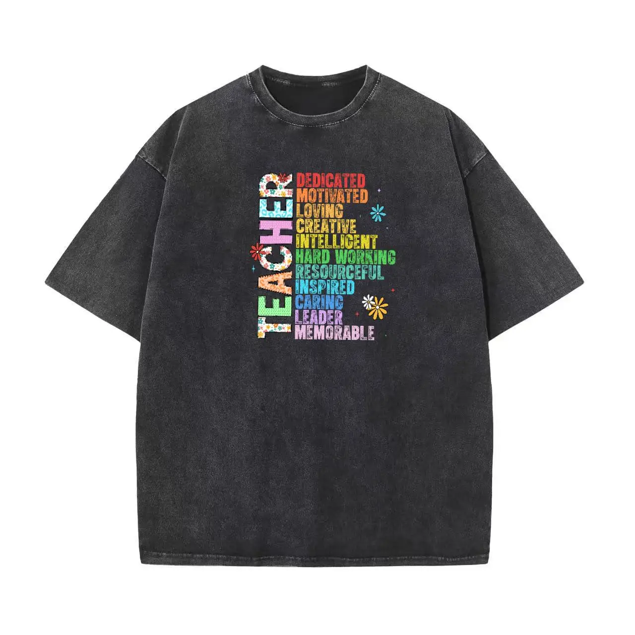 

Teacher Day Gift T-shirt, Women's Colorful Floral Teacher Graphic Tee, Washed Oversized Retro Top,Dedicated Loving Inspired Gift