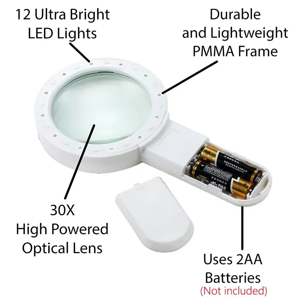 Lupa LED de mano con microscopio de iluminación, lente de lectura, reparación de joyas, 30X