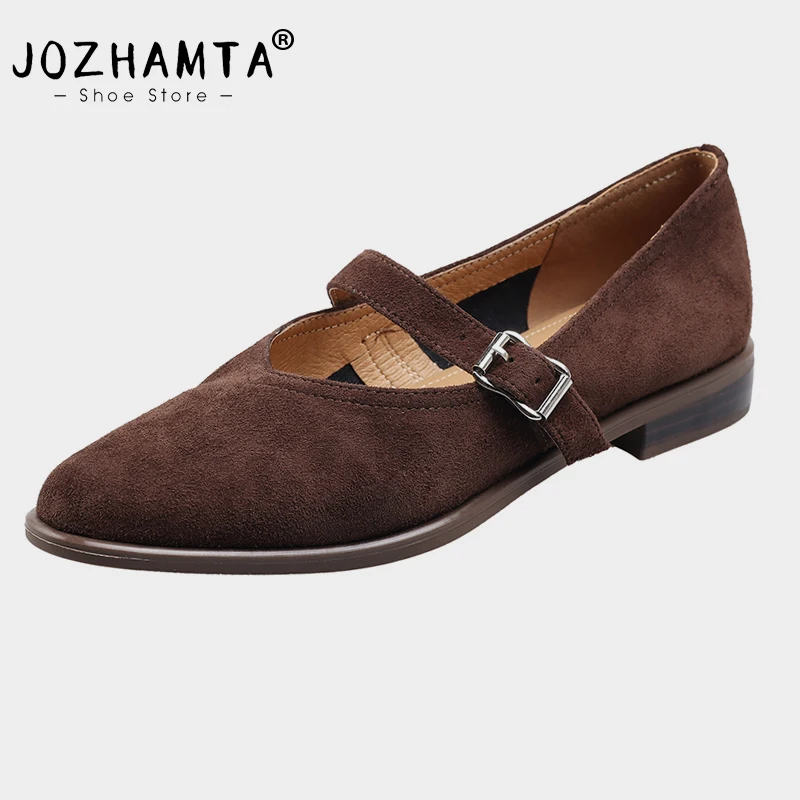 JOZHAMTA Women Casual Flats Shoes Suede Genuine Leather Low Heels Shoes Buckle Strap Soft Comfort Office Dress Daily Size 34-39