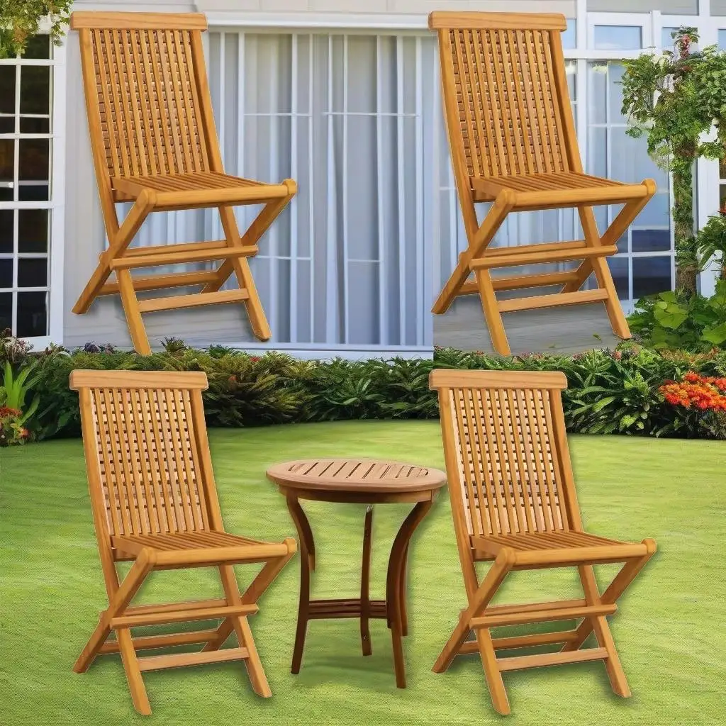 

4-Piece Solid Teak Wood Patio Chairs Set with Comfortable Blue Cushions