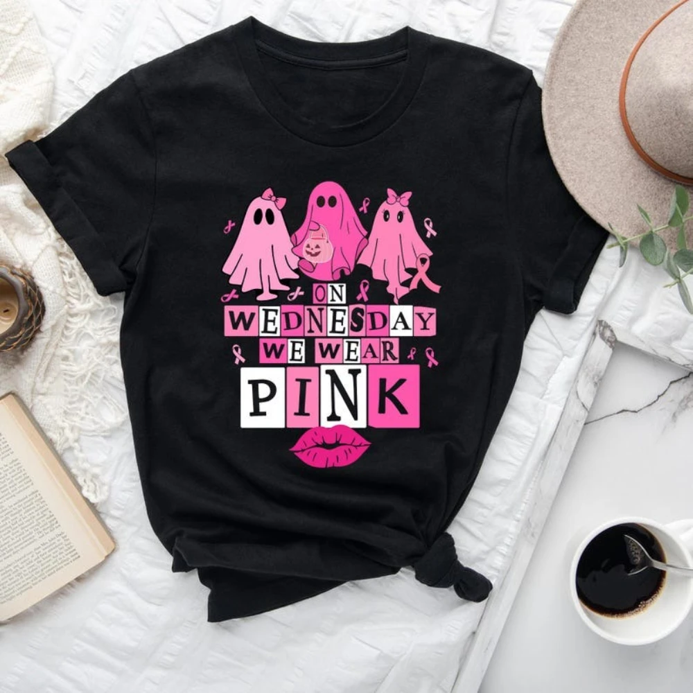 Retro on Wednesday We Wear Pink Shirt Breast Cancer Awareness Tshirt Breast Cancer Month Pink Ghost T-Shirt Halloween Women Tops view 2
