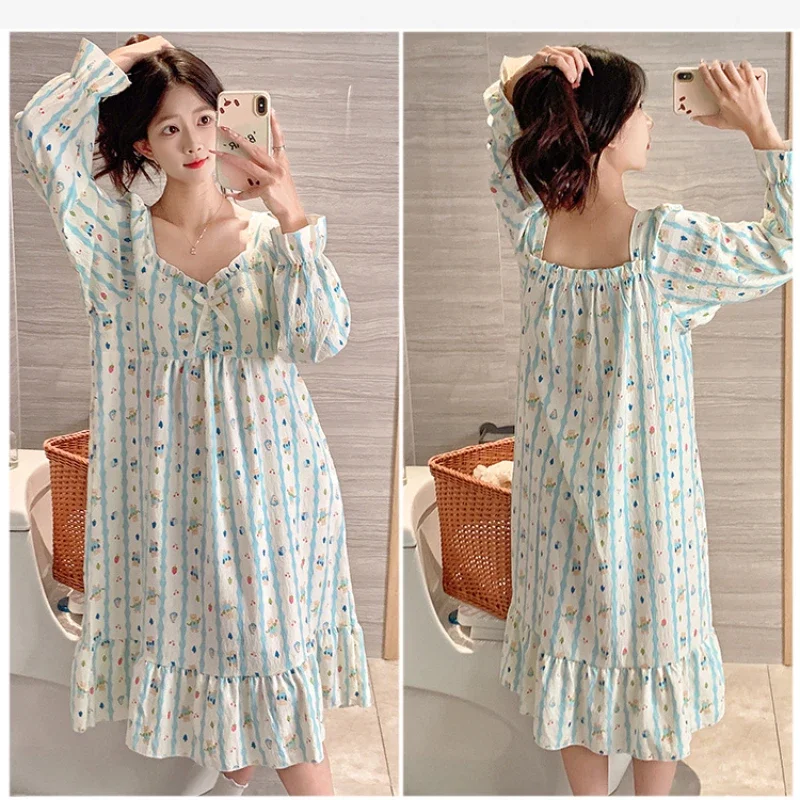 Plus Size Women Spring and Autumn Loose Home Dress with Chest Pad Sweet Princess Style Long Sleeve Pajamas Nightdress Loungewear