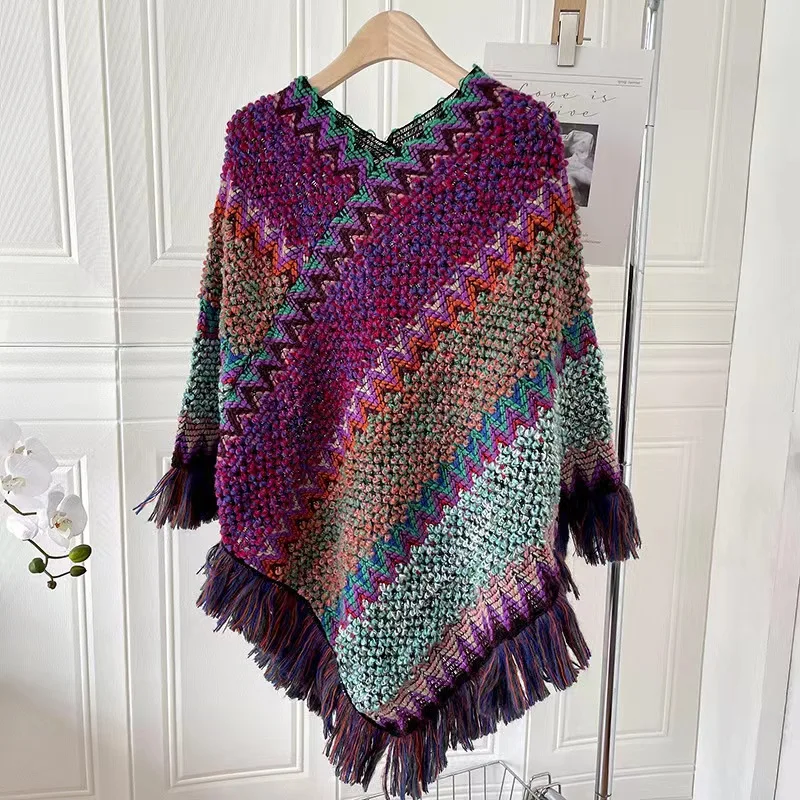 Fashion Striped Tassel Poncho Knitting Cotton Shawl For Woman Ethnic Scarf Ladies Autumn Keep Warm Travel Shawls 65*70cm