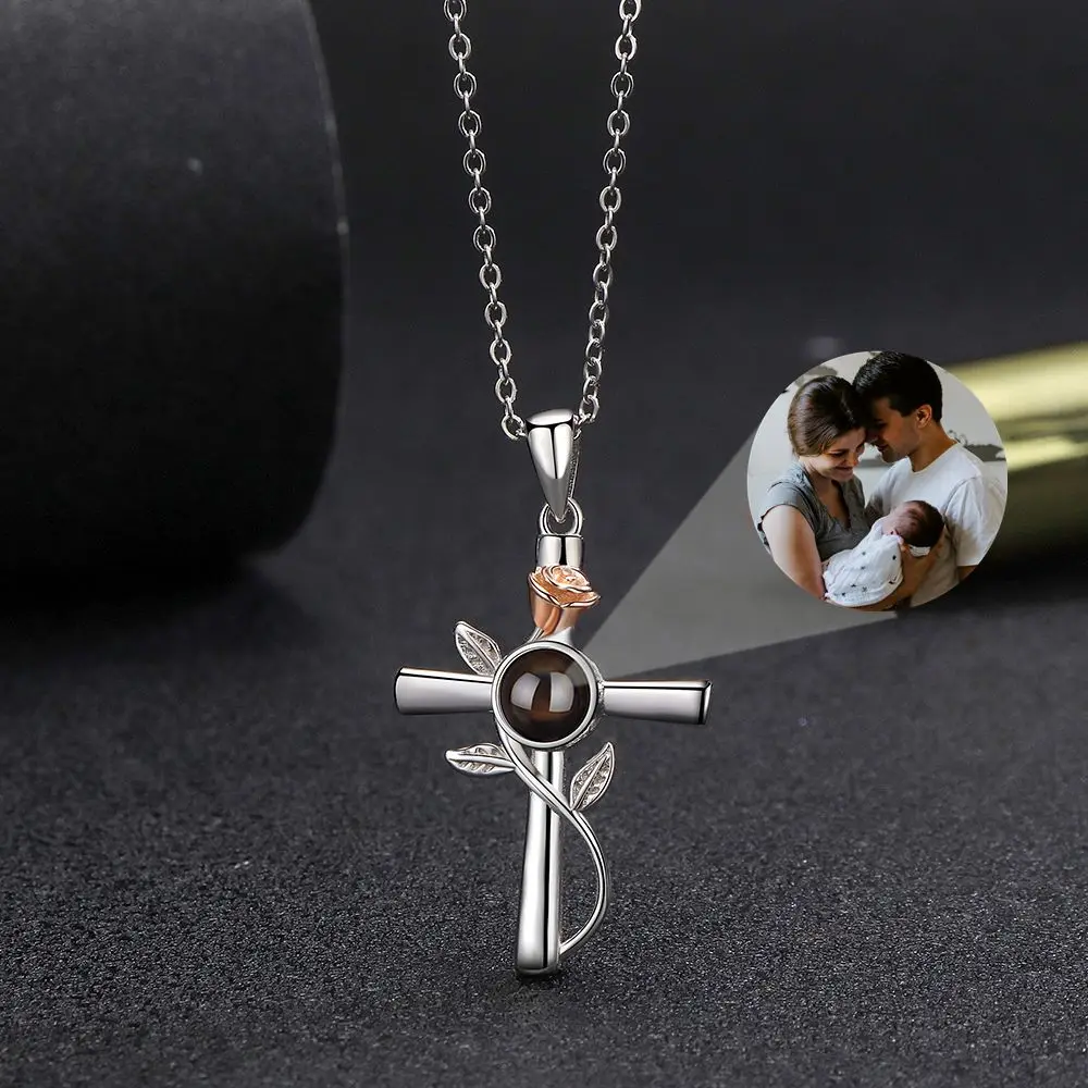 

Personalized Photo Customized Products Projection Photo Necklace for Women Men Cross Pendant Chain Jewelry Mother Accessories