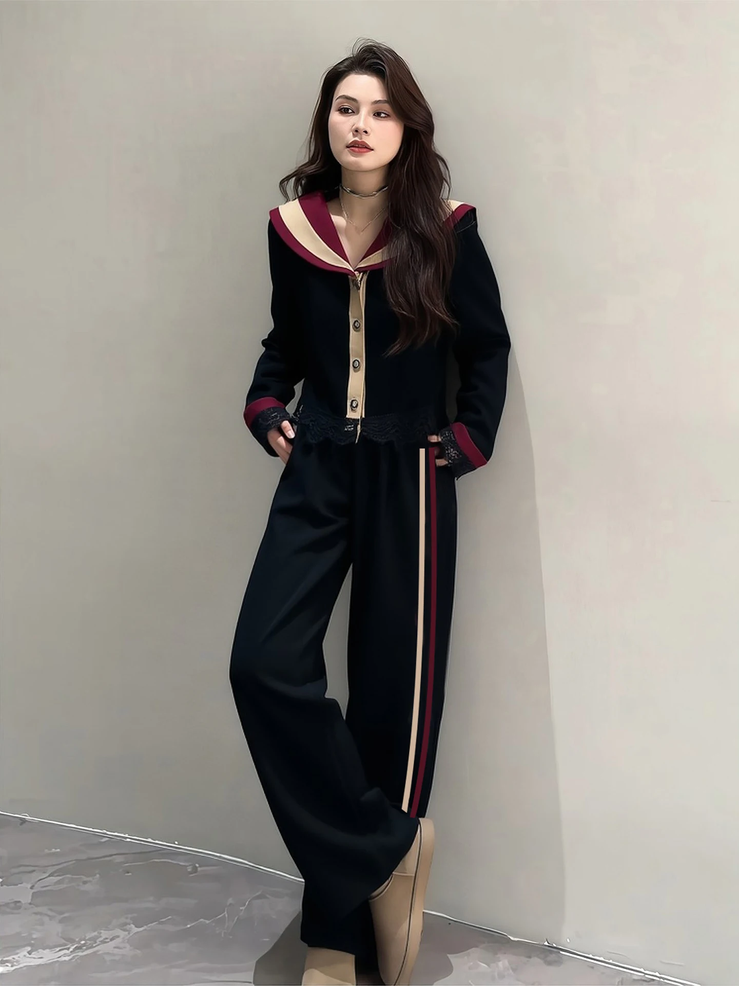 

Fashionable Navy Collar Top And Wide Leg Pants Set Women's Premium Style Spring Collection Anti-Aging College Trend Two Piece...