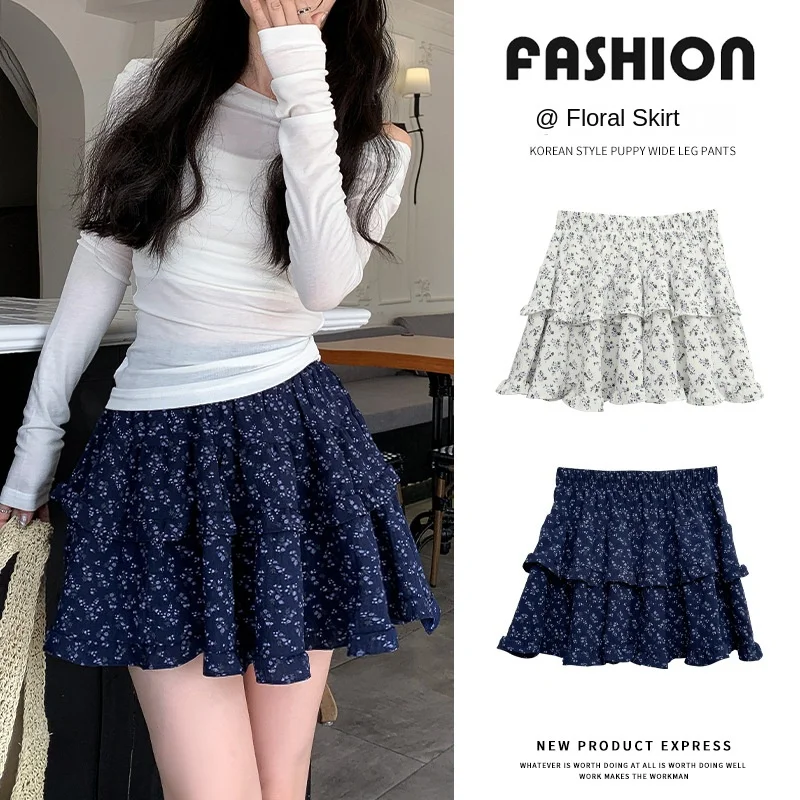 Summer Women Vintage Floral Print Skirt Sweet Forest Style High Waist A-Line Casual Mini Lazy Style Tiered Cake Skirt