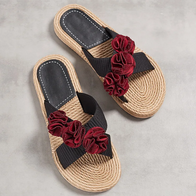 Handmade Ladies Home Slipper Women Sandals Casual Outdoor Cross Slippers Female Summer Beach Wear Flowers Flat Heel Shoes