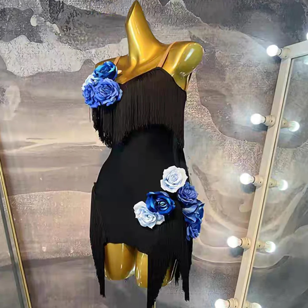 Meninas elegante high-end vestido de dança latina samba crianças cinta sem costas preto sem mangas borla desempenho dança flor vestido