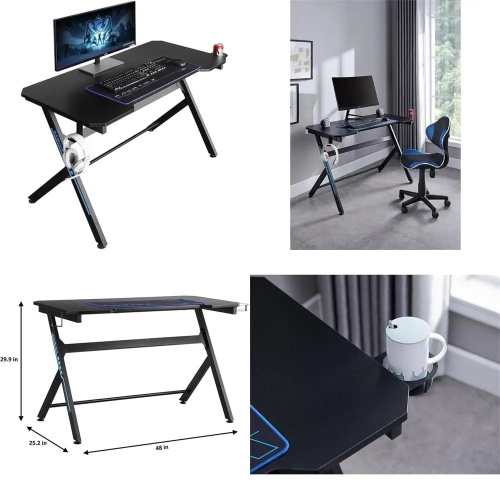 

R-Shaped Large Gaming Computer Desk with Cable Management and Cup Holder for Home Office