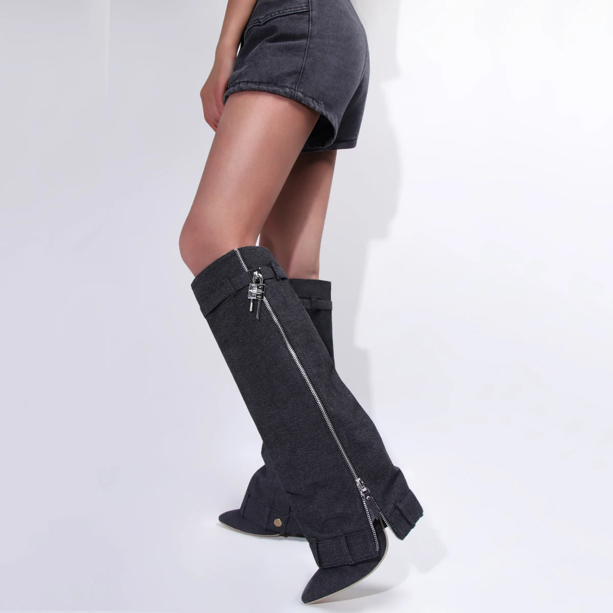 2023 Black Denim Women Knee High Boots Trouser Boots Fashion Pointed Toe High Heel Cowboy Boots Big Size Female Shoes