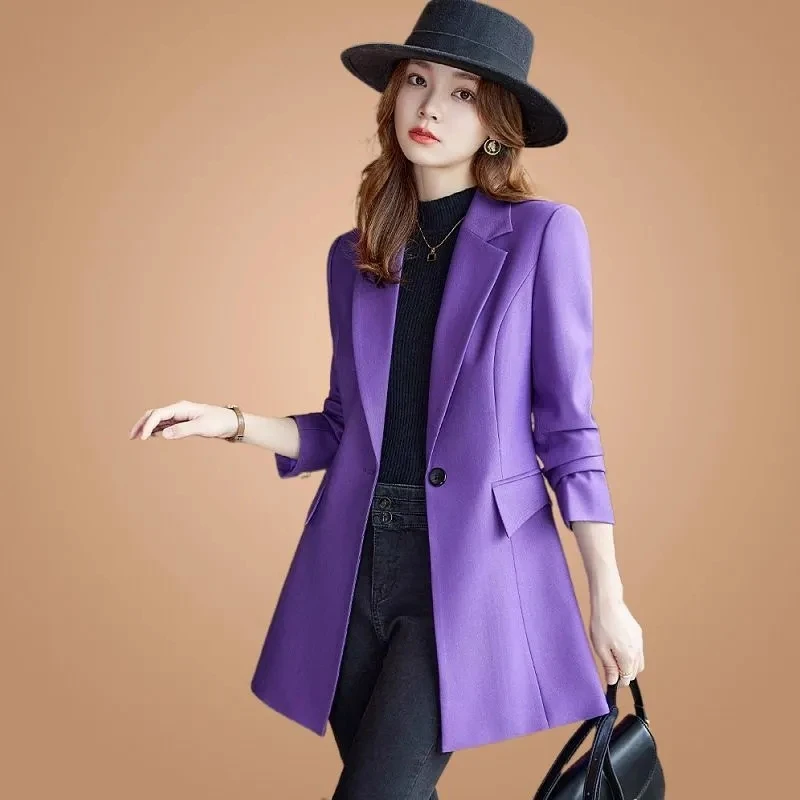 2025 New Purple Women's Trench Coat Blazer Autumn Fashion Long Sleeve Slim Mid-Length Suit Jacket Office Casual Chic Outerwear