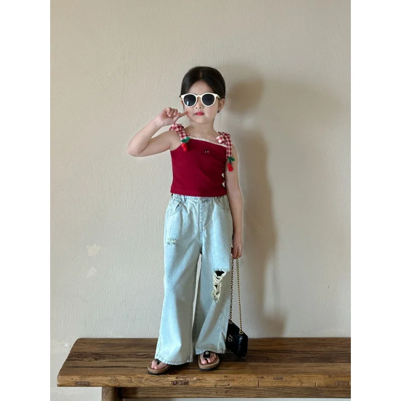 

Girls' Jeans2024Summer New Children2-7Year-Old Ripped Denim Trousers Girls Outer Wear Pants