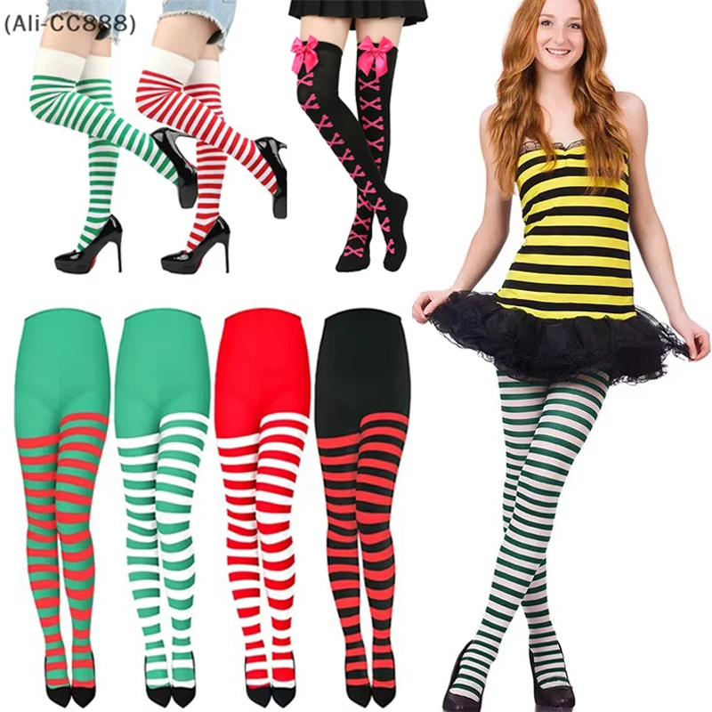 〔CC88〕Christmas Stockings Red Green Striped Pantyhose Stretch Leggings Party Costume Y2K Knit Knee-high Long Tights Socks