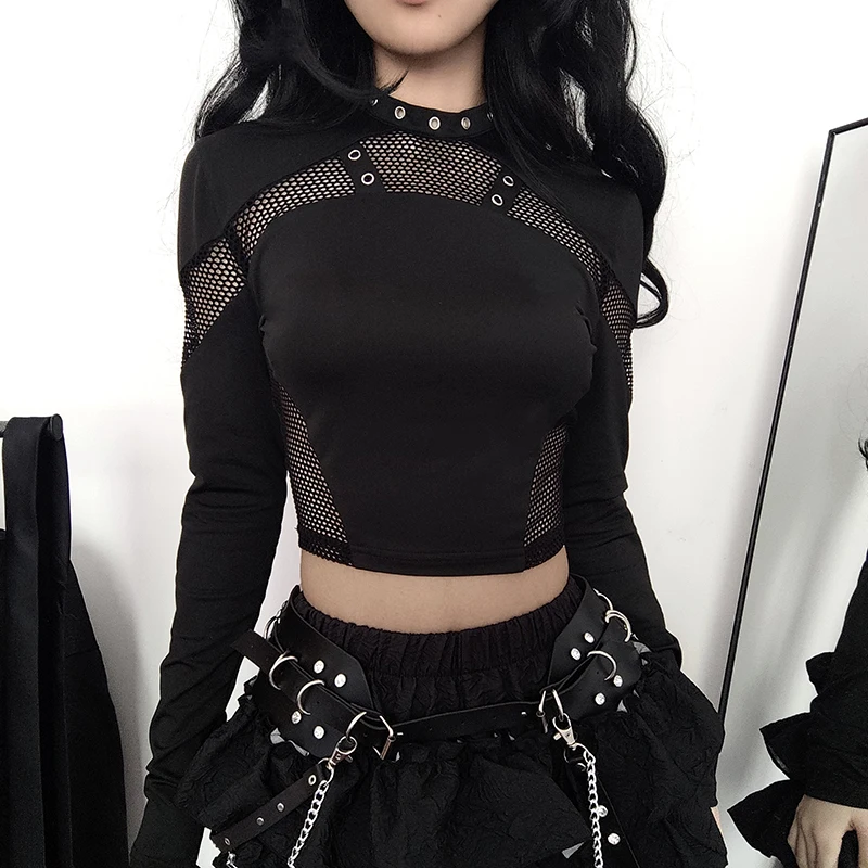 

2025 Women Patchwork Black Gothic T-Shirt Punk Y2k 90s Fashion Long Sleeve Tee Top Korean Vintage Harajuku Grunge Funny T-Shirts