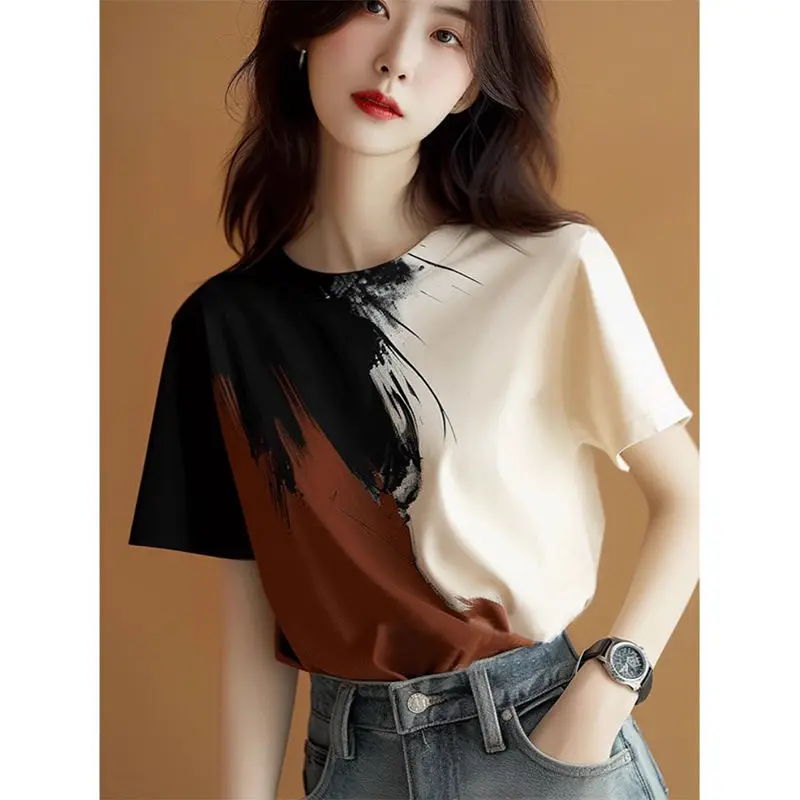 New Chinese Style Contrasting Color Ink Short-sleeved T-shirt for Women 2025 New Hot Summer Age-reducing Top