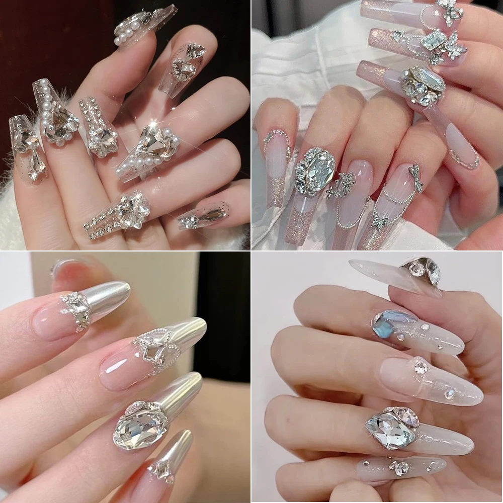24Pcs Luxury Ice-Transparent Pile Nail Art Rhinestone Super-Shinying Heart/Square/Oval Clear Nail Crystal DIY Alloy Pile Drill