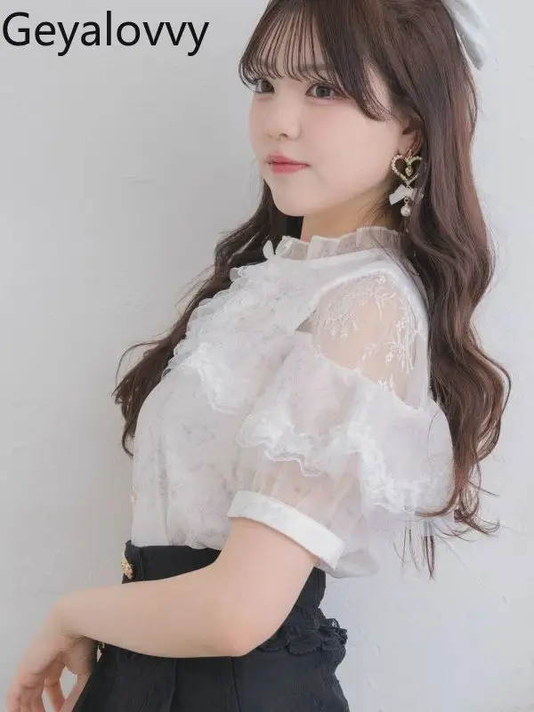 

Японская Лолита, милая милая рубашка с кружевной отделкой для девочек, летняя новая дизайнерская нишевая универсальная блузка с открытыми плечами, топы с короткими рукавами