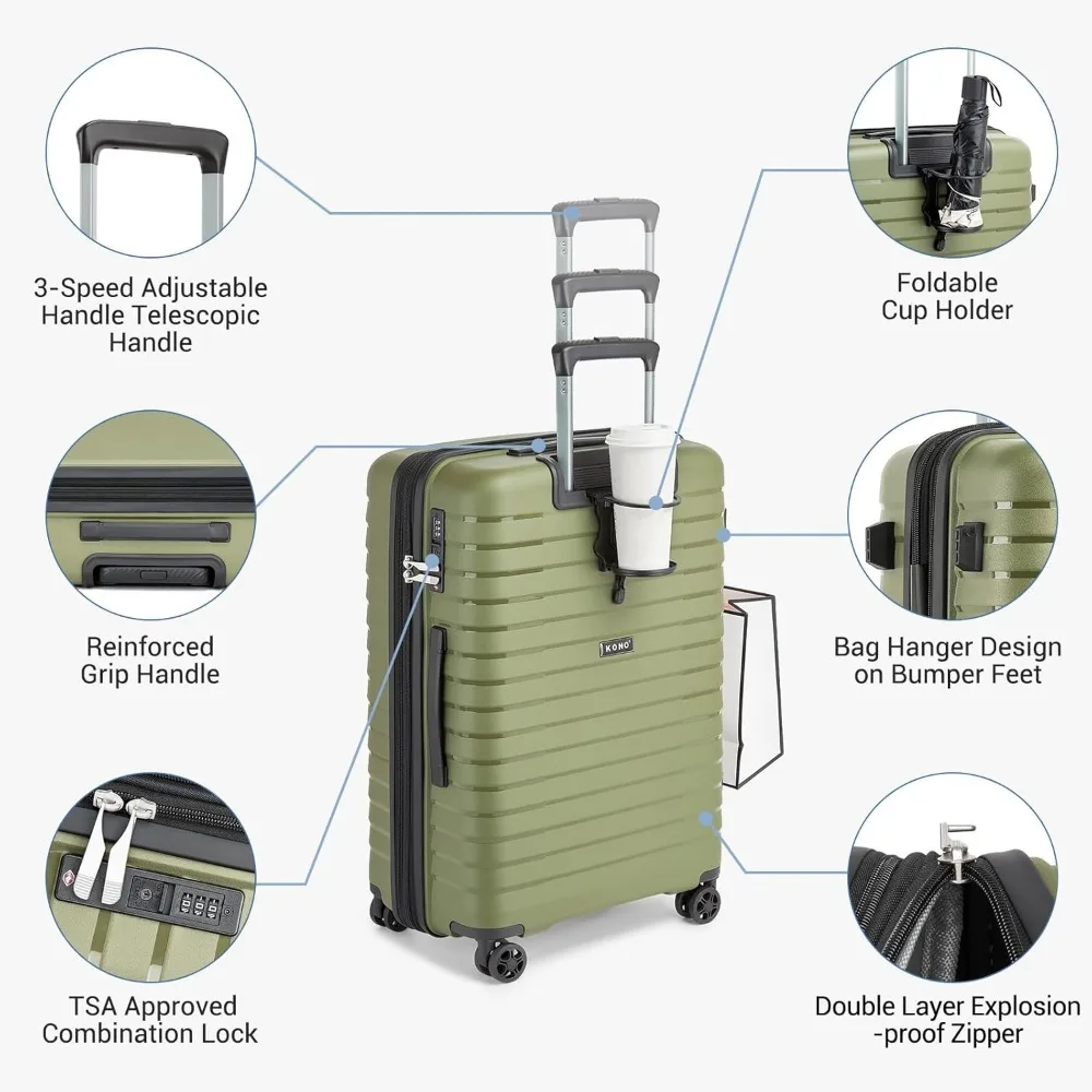 Expandable 20 Inch Spinner Luggage with Durable Hardside and Hidden Cup Holder, Lightweight for Travel