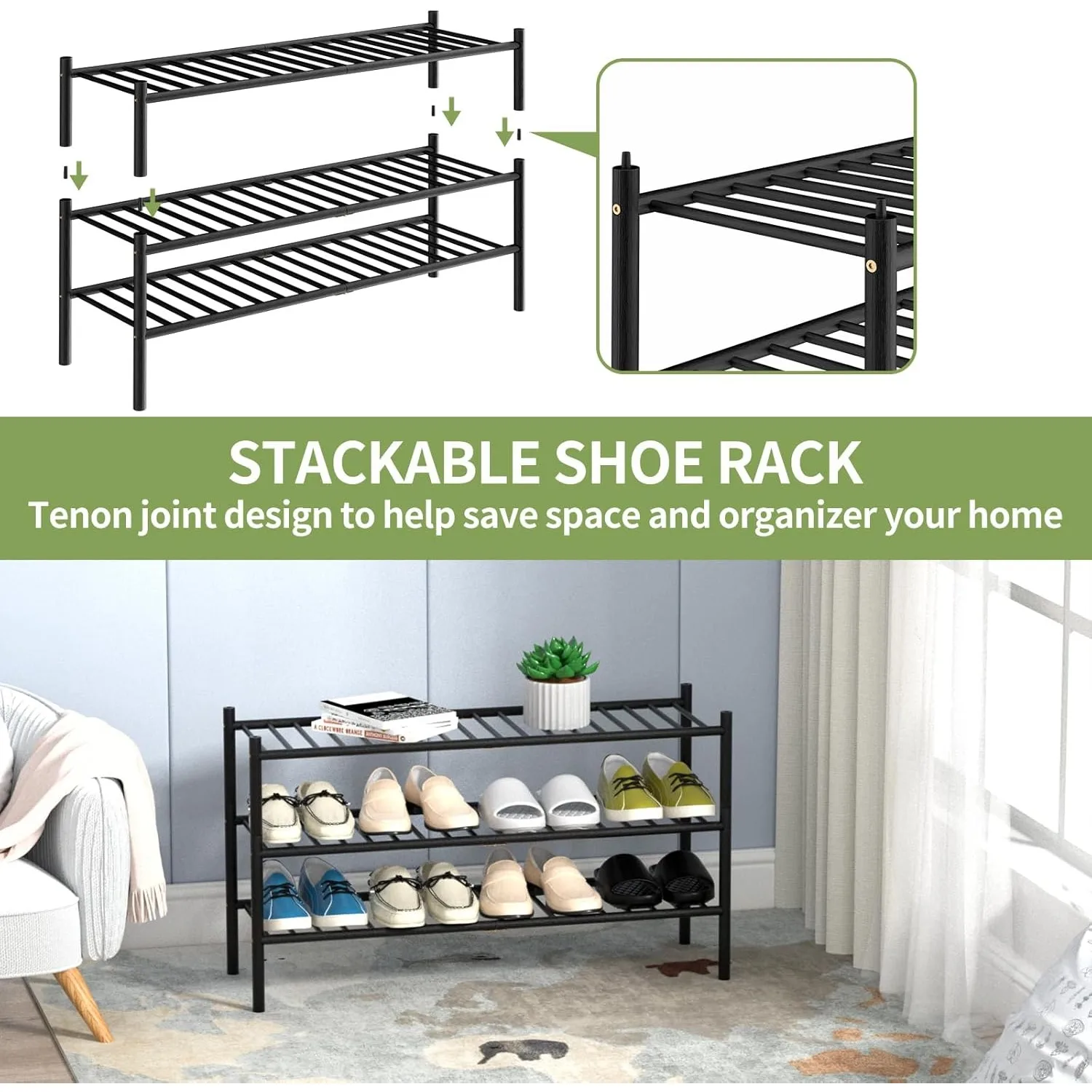 3-Tier Bamboo Long Shoe Rack, Free Standing Wood Shoe Shelf Storage Organizer for Closet Entryway Stackable 35"x11"x20" (Black)