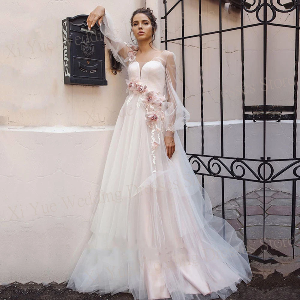 

Classic Charming Sweetheart Wedding Dresses Boho A Line Tulle Backless Bride Gowns Elegant Modern Long Puff Sleeve Floor Length