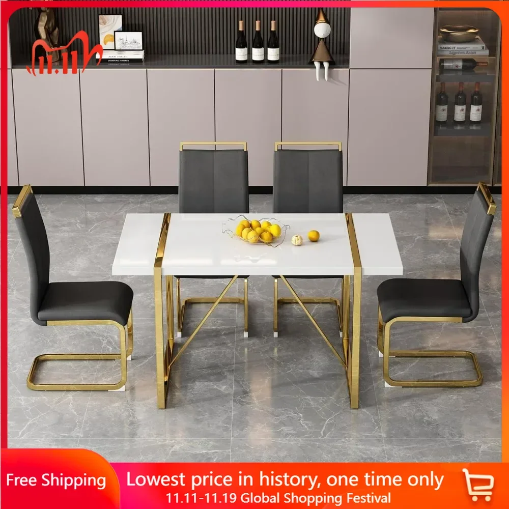 Dining Table Set for 4 with Metal Frame, Rectangular MDF Dinings Table, Faux Leather Dinings Chair, Modern Dining Room Set