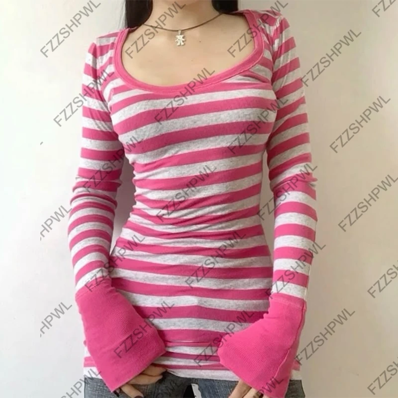 ملابس الشارع الشهير Harajuku شريط طباعة Y2k كم طويل توب روك القوطي حار بنات المحاصيل الأعلى فاسق موضة كم طويل تي شيرت شيك
