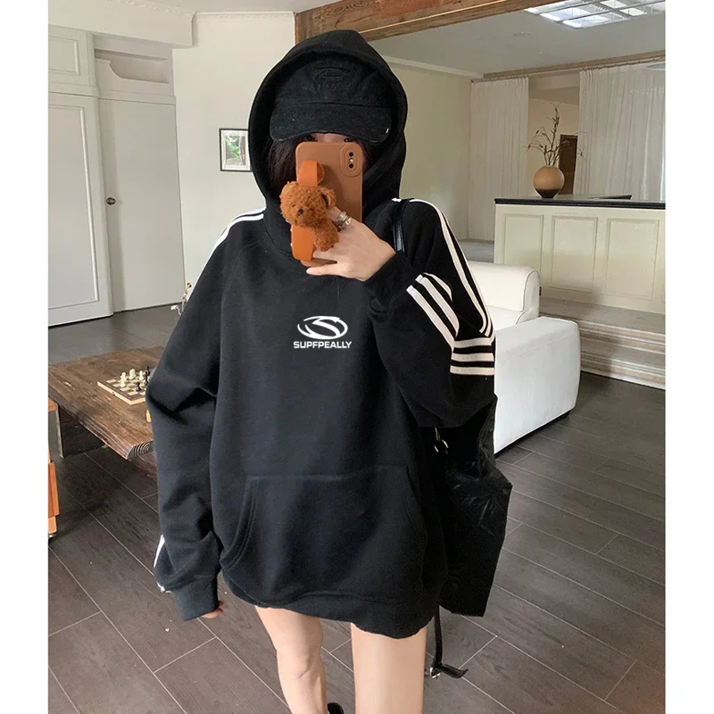 American lazy chic hooded sweatshirt female autumn letters printed loose versatile niche three bar jacket tops