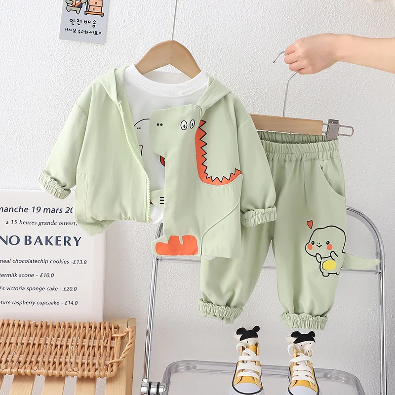 Kids Baby Boy Boutique Clothes 2024 Spring Cartoon Dinosaur Hooded Jackets + T-shirts + Pants Toddler Boys Outfits Childrens Set