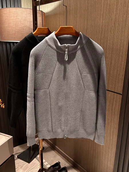 

Men's Autumn Winter Thiened Stand Collar Open Cardigan Sweater Pure Color Geometric Lines Simple Practical Knitted Jaet