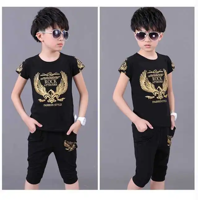 2023 teens Summer Boys Kids Clothes Baby Eagle Short Sleeve Cotton T-Shirt + Pants Teenager tracksuit 5 6 7 8 9 10 11 12 Year