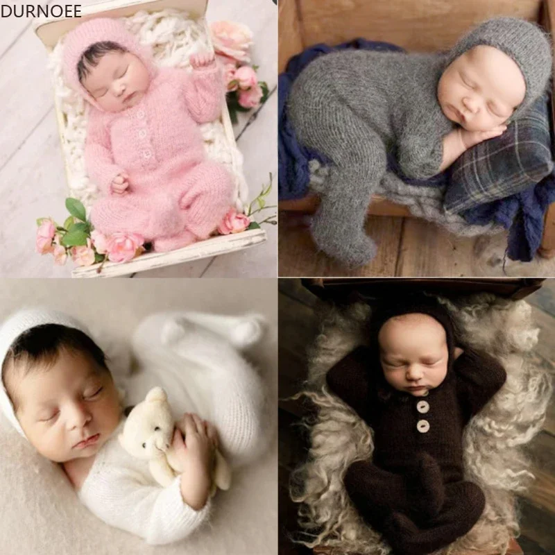 Alat peraga fotografi bayi, pakaian rajut topi Jumpsuit wol, properti fotografi bayi