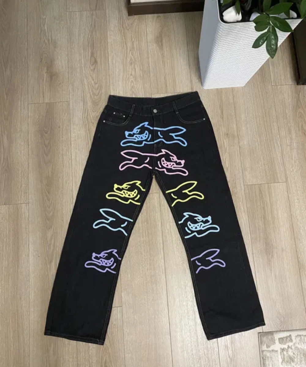 American hip-hop street running dog print jeans for men and women classic Harajuku casual loose y2k wide-leg pants jeans woman