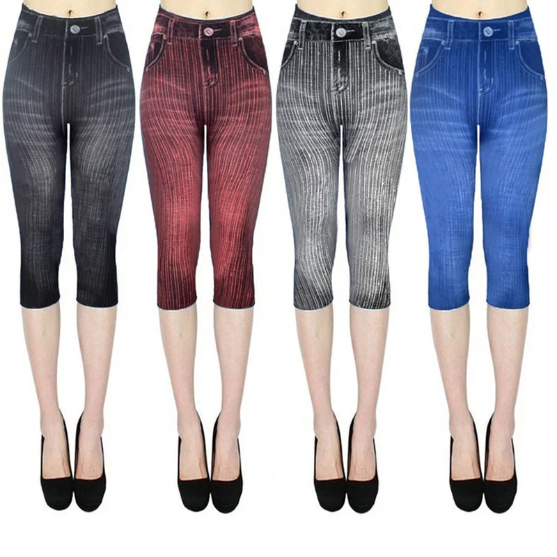 VIIANLES Summer Women Capris imitacja dżinsów Denim legginsy z nadrukami moda Slim rozciągliwe szorty ołówek spodnie wysokiej talii rajstopy