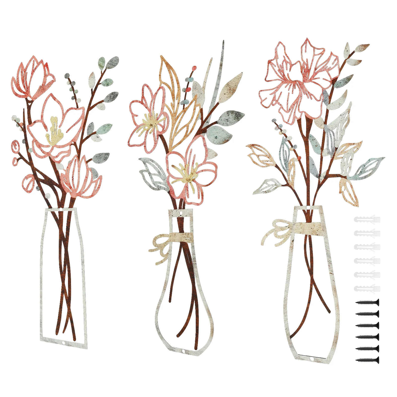 3 Stück Metallblumen Wandkunst Rustikales Bauernhaus Dekor Minimalistische Vase Blumen Wanddekoration für Schlafzimmer Wohnzimmer Einweihungsgeschenke