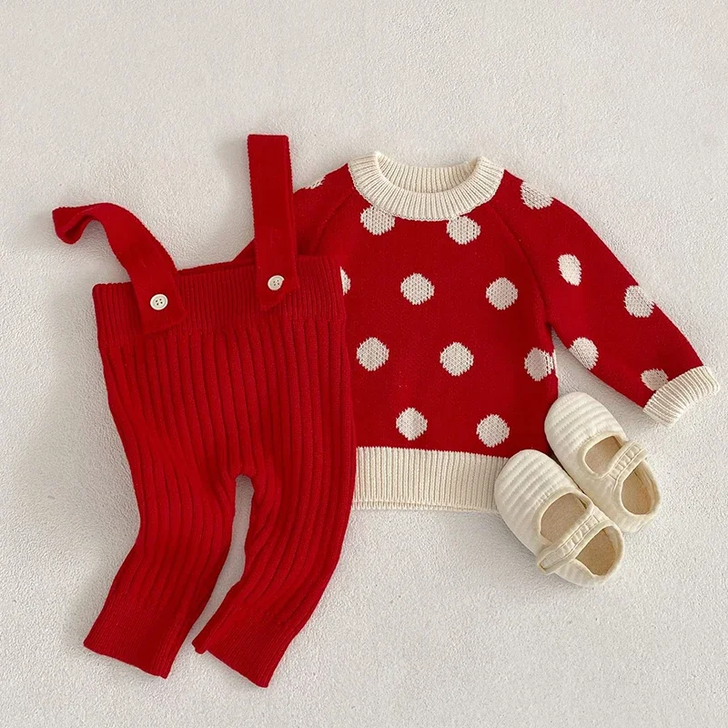 2025 New Autumn 0-3Yrs Children Clothes Infant Baby Girls Boys Clothing Sets Long Sleeved Knitted Pullover Sweater+Overalls