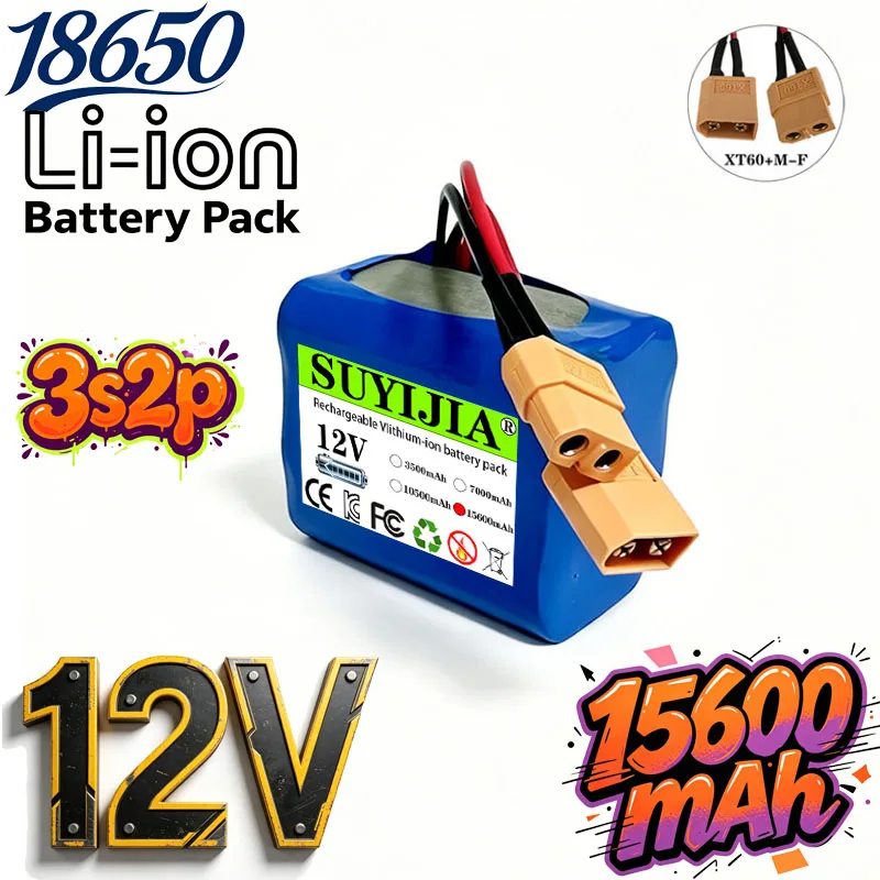 18650 3S2P lithium battery pack 12V 15600mAh with BMS protection plate XT60 M-F/DC/XT30/SM/T plug