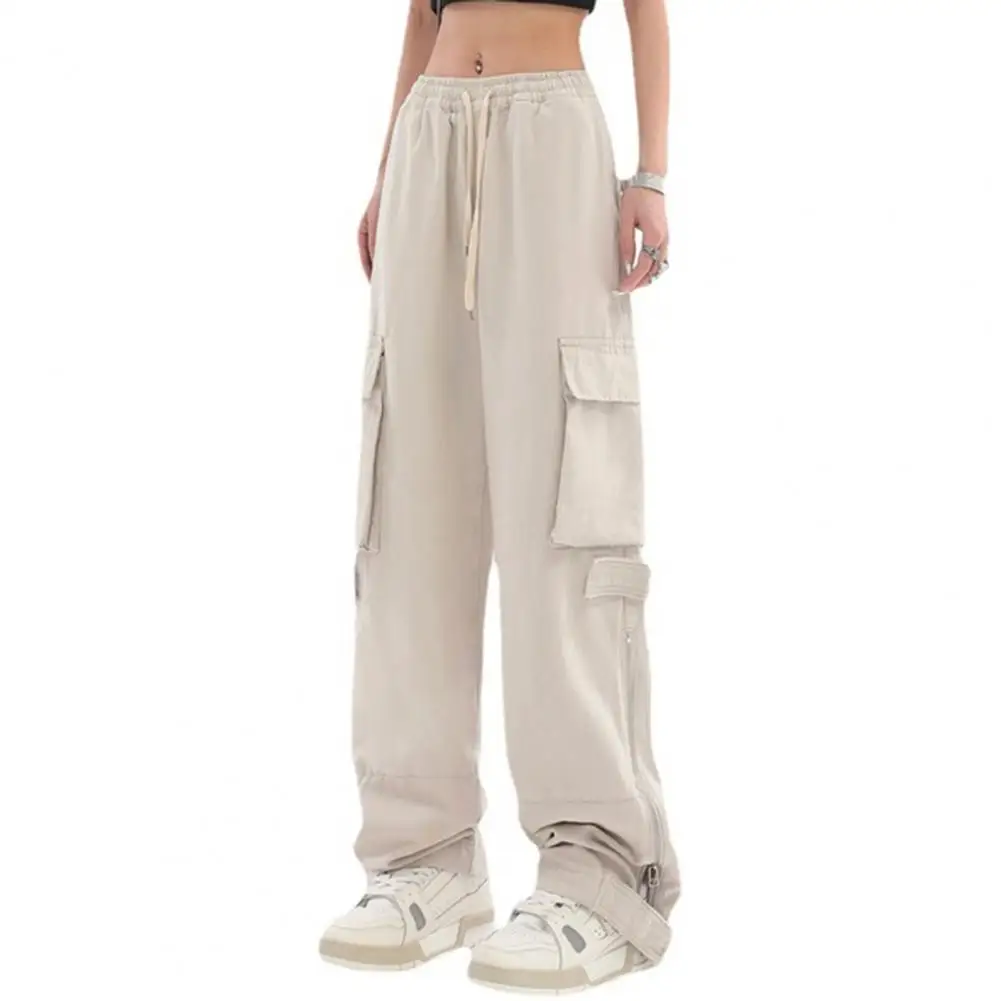 

Women Drawstring Cargo Pants Retro Multi Pockets Straight Wide Leg Casual Long Trousers Streetwear