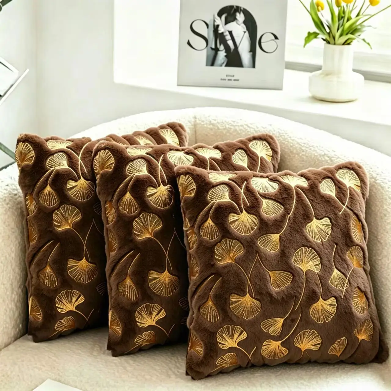 3 Pack Ginkgo Leaf Printed Throw Pillow Covers, Square Decorative Pillowcases for Sofa Bedroom Home Decor, No Pillow Insert