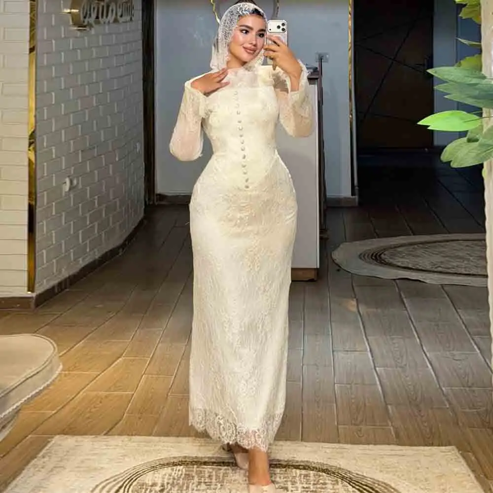 Customized White Lace Muslim Wedding Dress Long Flare Sleeve Corset Mermaid Gown With Matching Lace Hijab Modest Bridal